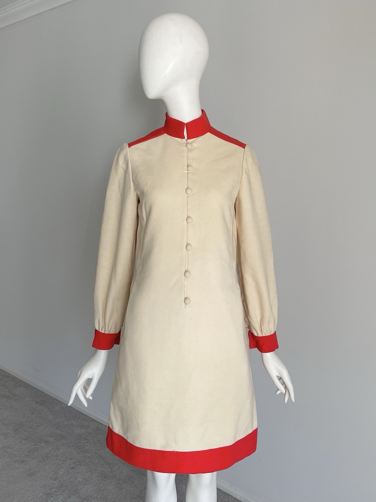 Geoffrey Beene Vintage 1960s Cream Bright Orange High Neck Dress Size Small