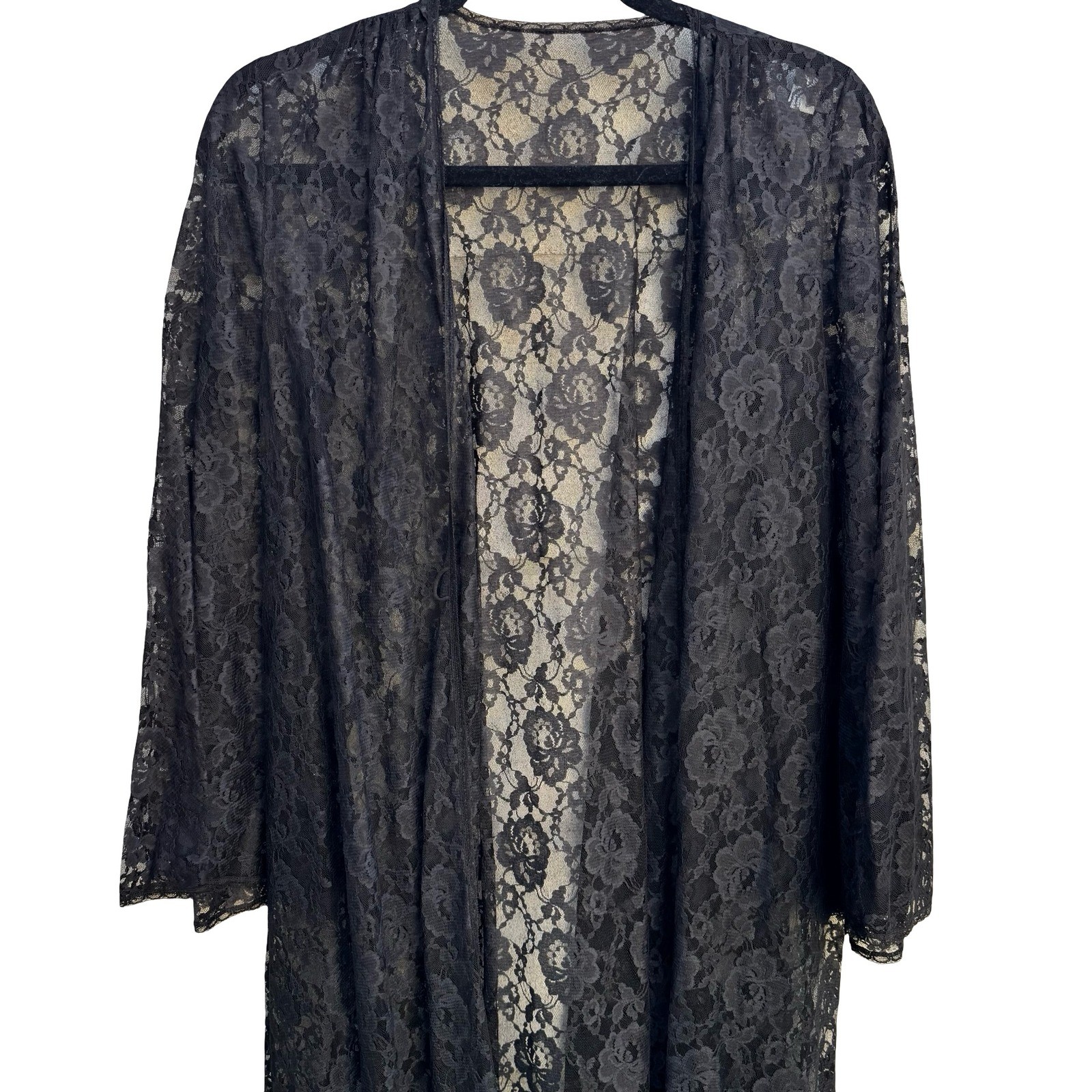 Glydons Hollywood Vintage Black Lace Maxi Duster Robe Bell Sleeve Witchy Goth Sm