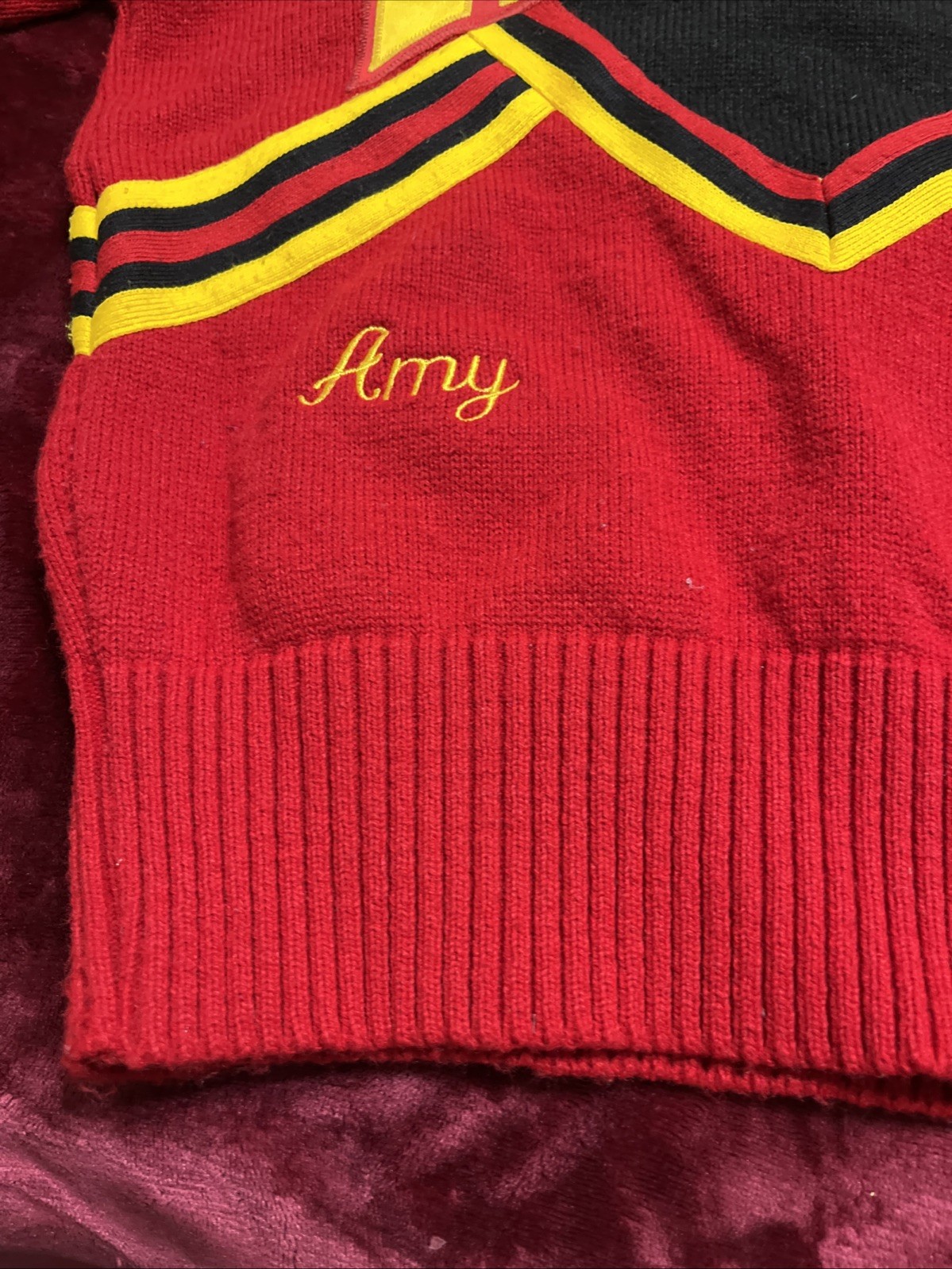 Vintage 80s Cheerleader Knit Sweater Red Black Gold Striped USA Made Medium
