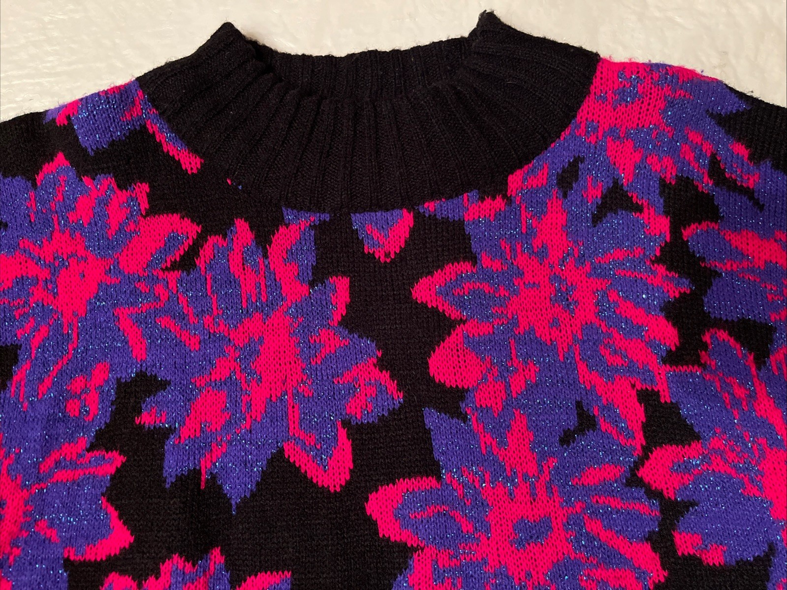 vtg 1980s Spunky USA MADE womens Medium knit sweater floral pink purple METALLIC