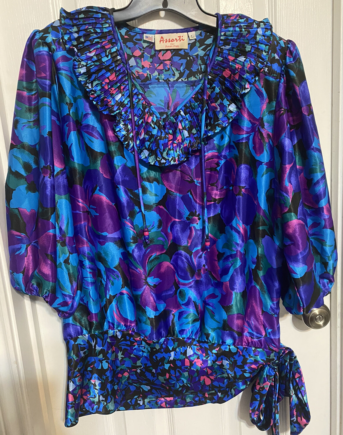 Assorti Susan Freis Vintage 80s 3/4 Bell Sleeve Ruffle Floral Sz Large ~EUC~