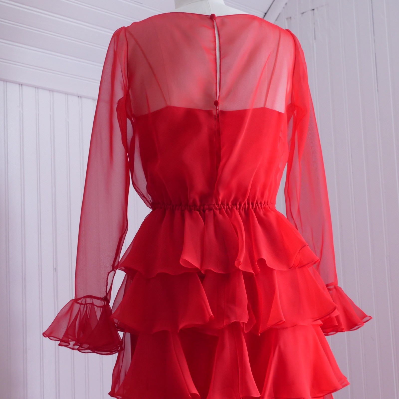 Stunning rare vintage 70s Jill Richards red chiffon ruffle maxi dress gown