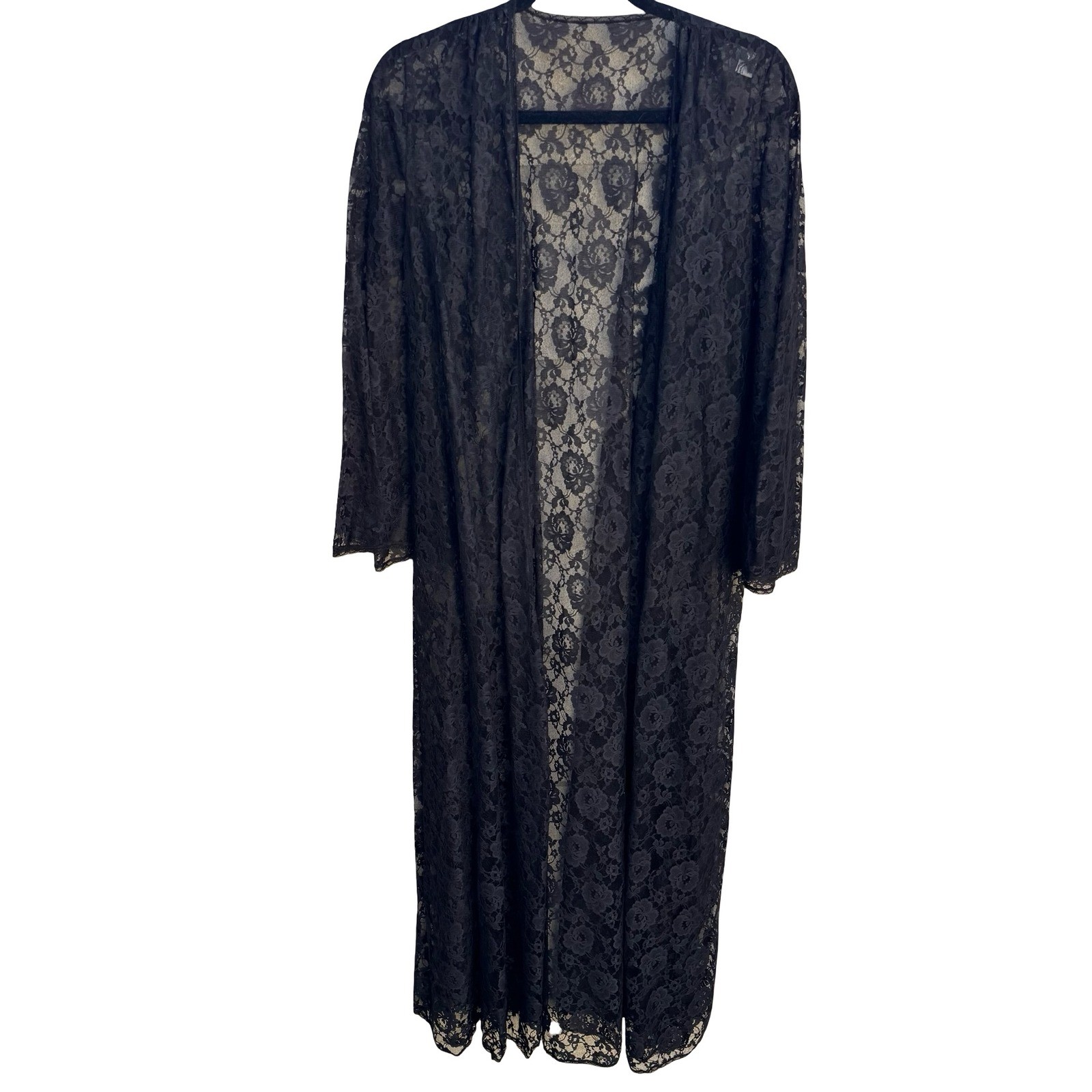 Glydons Hollywood Vintage Black Lace Maxi Duster Robe Bell Sleeve Witchy Goth Sm