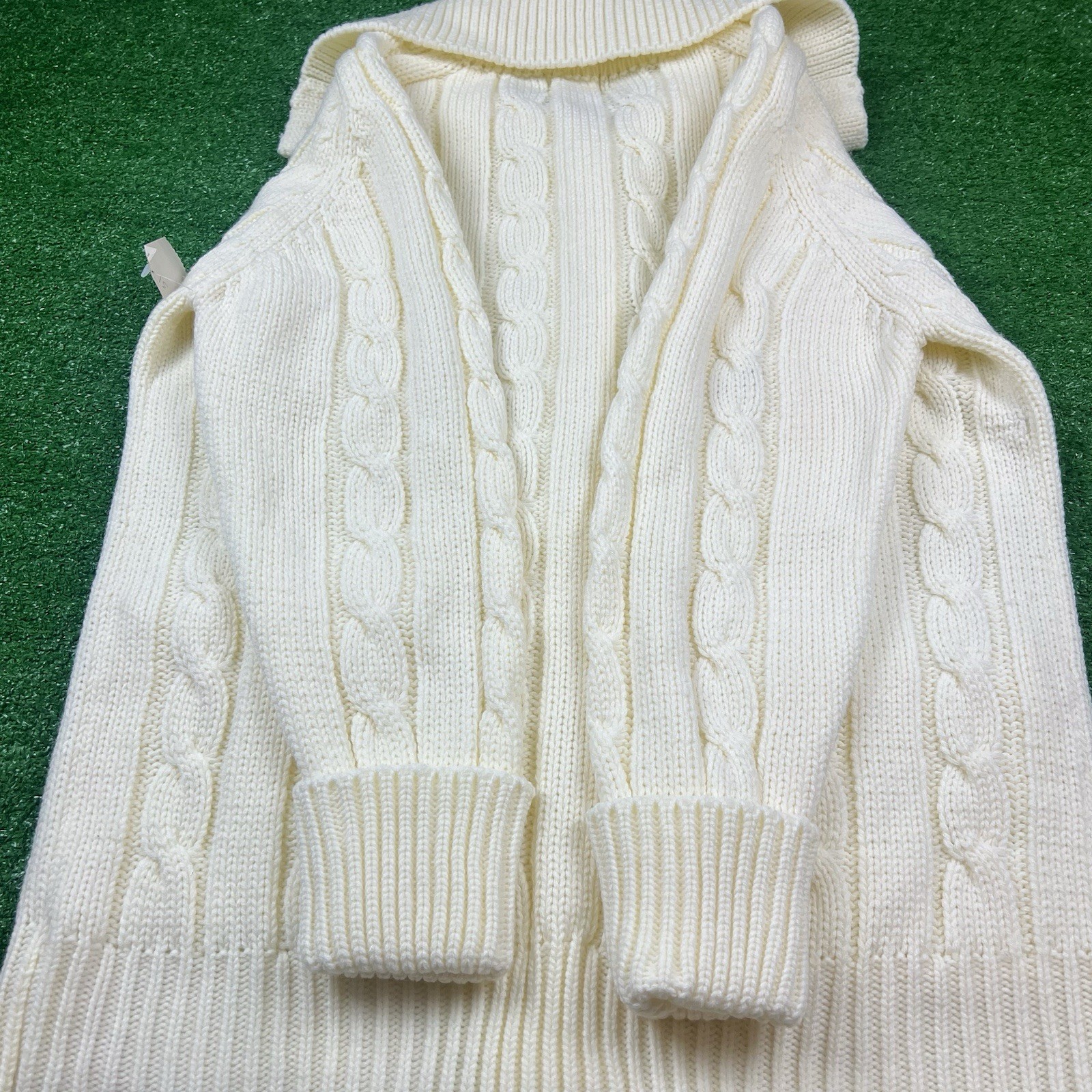 Vintage Sears Ivory Cable-Knit Chunky Fisherman Cardigan Sweater High Neck Sz 42