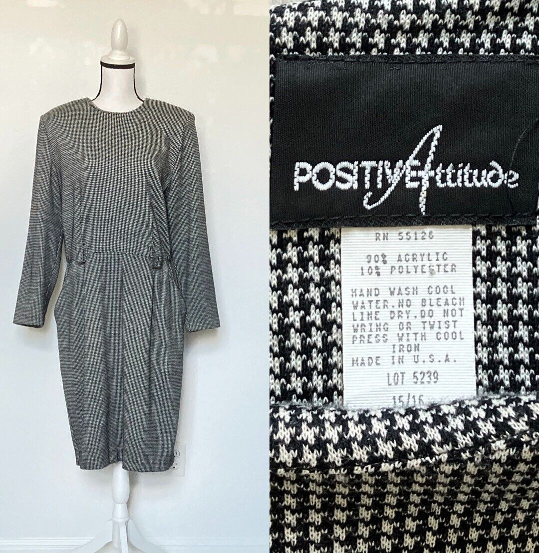 1980s Houndstooth Dress, 1990s Checkered Dress, Plus Size Vintage