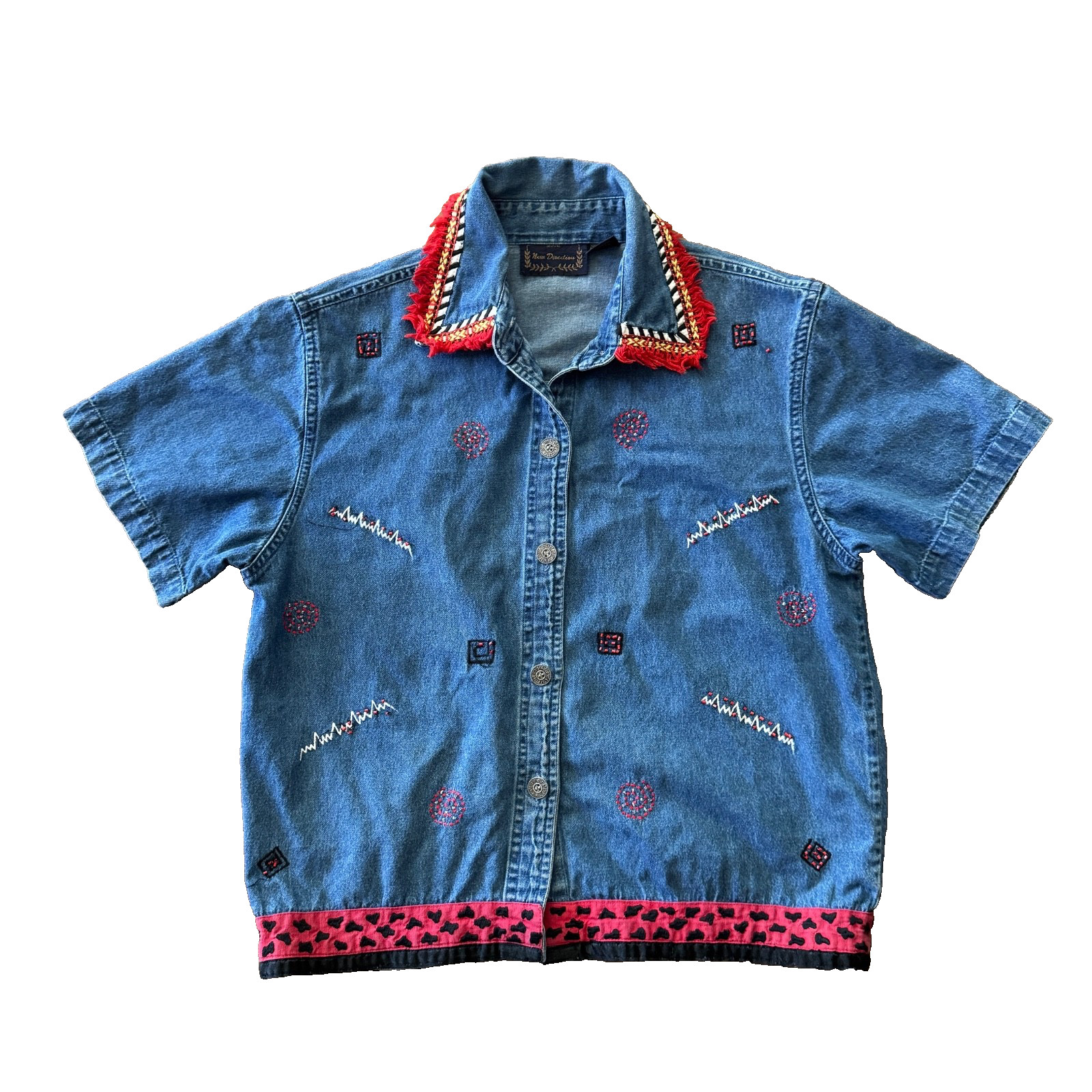 Vtg Y2K 90s Denim Shirt Women S Western Boho Southwestern Embroidery Fringe