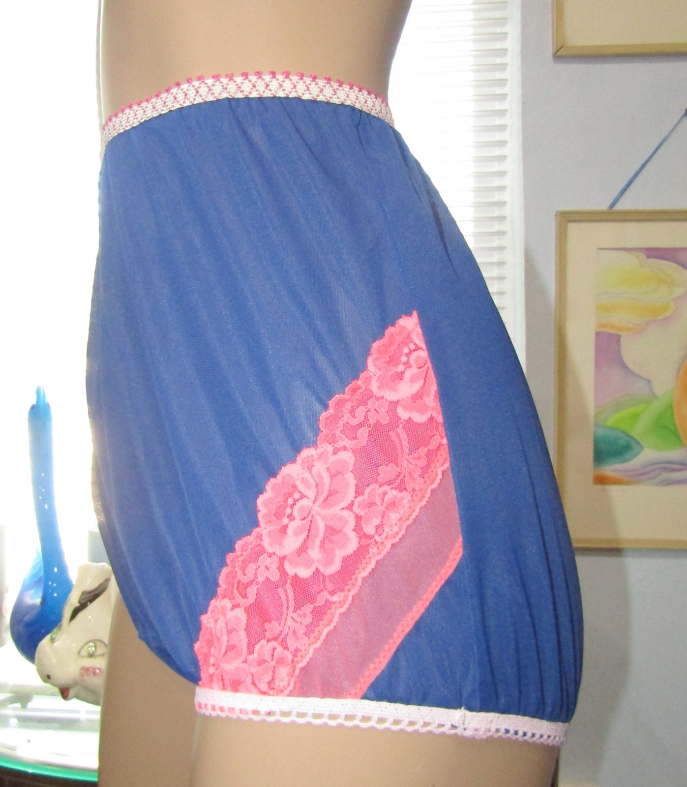 Vtg tricot blue Nylon Brief panty Granny Wide gusset -8 Custom hot pink