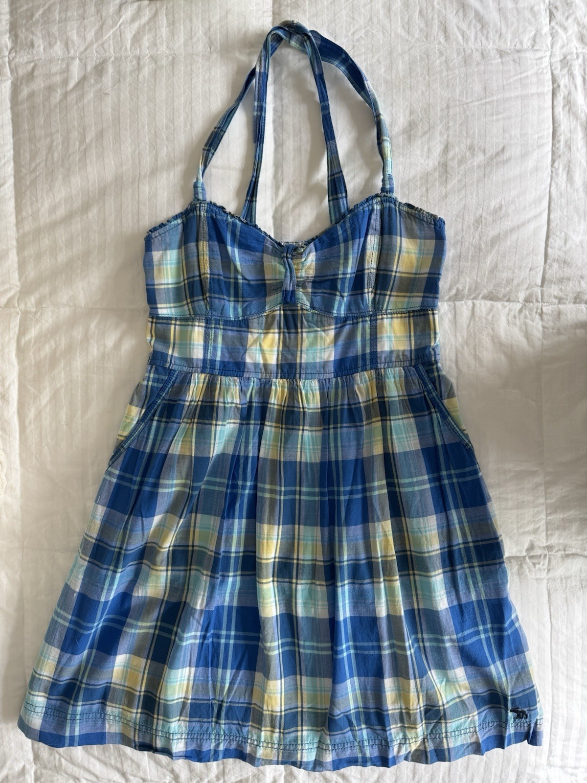 Vintage Y2K Abercrombie Blue Yellow Green Plaid Smocked Mini Sundress Sz Medium