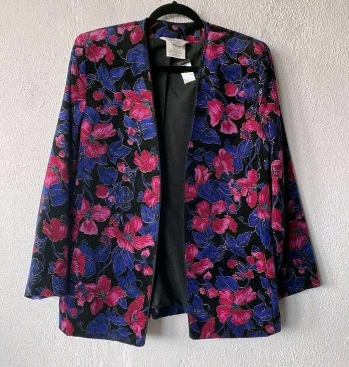 Vintage 80s TanJay velvet Magenta Indigo Floral Blazer Size 16 business chic