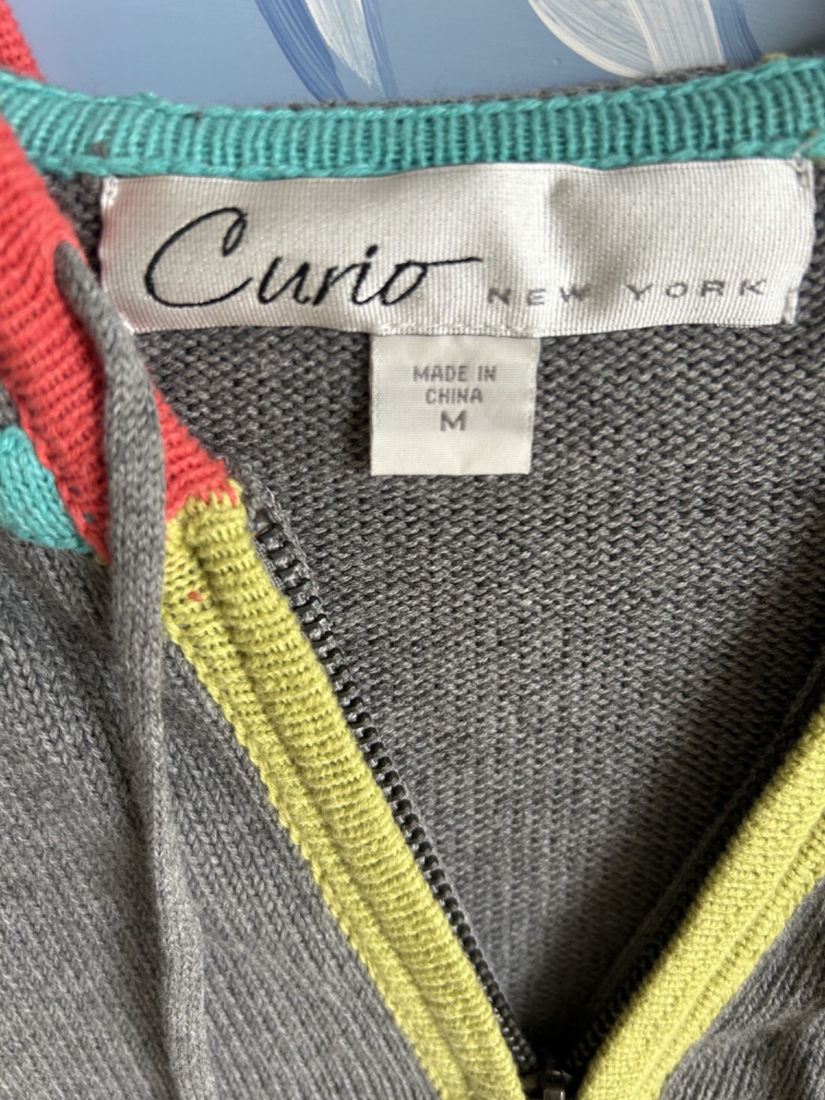 Vtg 90s Streetwear CURIO NY Grey Zipped BOHO Hoodie w Rainbow Trim Sz M NWT $154