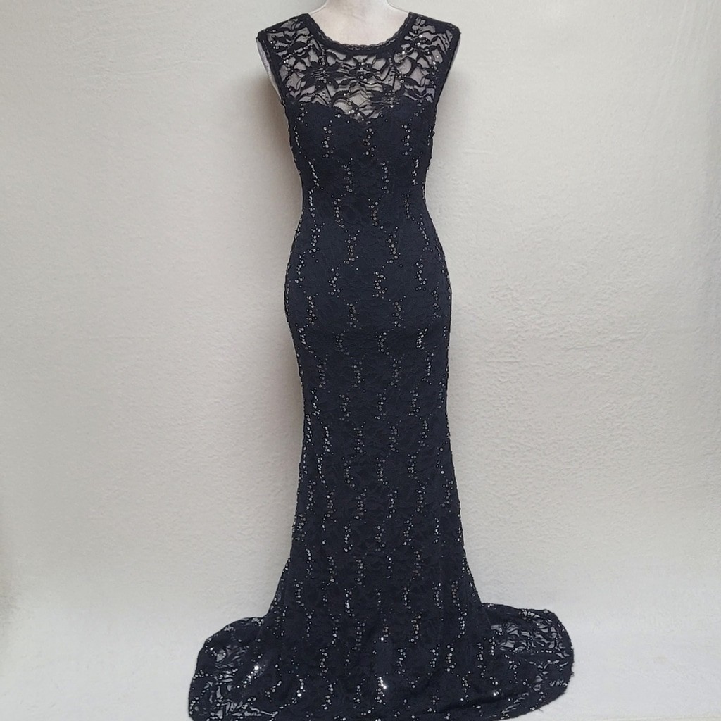 B. Darlin Vintage Sequin Black Lace Sweetheart Neckline Backless Mermaid Dress