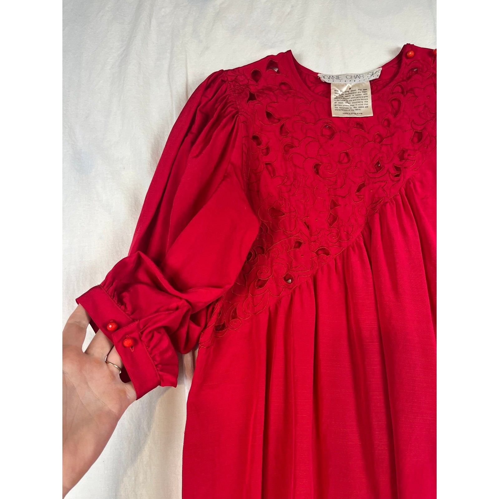 Joanie Char Silk Wool Red Vintage Midi Dress Embroidery Puff Sleeve Womens 6
