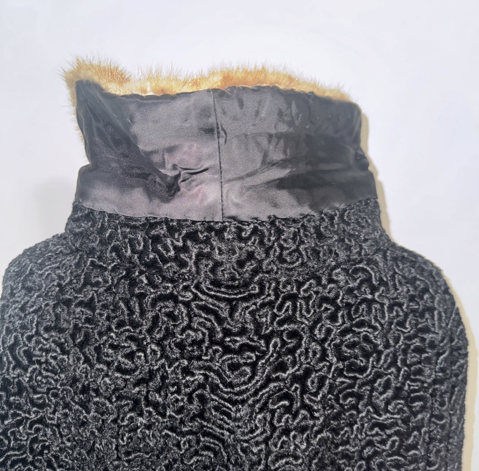 Vtg 50’s Astrakin Black Curly Persian Lamb Wool Swing Coat Mink Collar France L