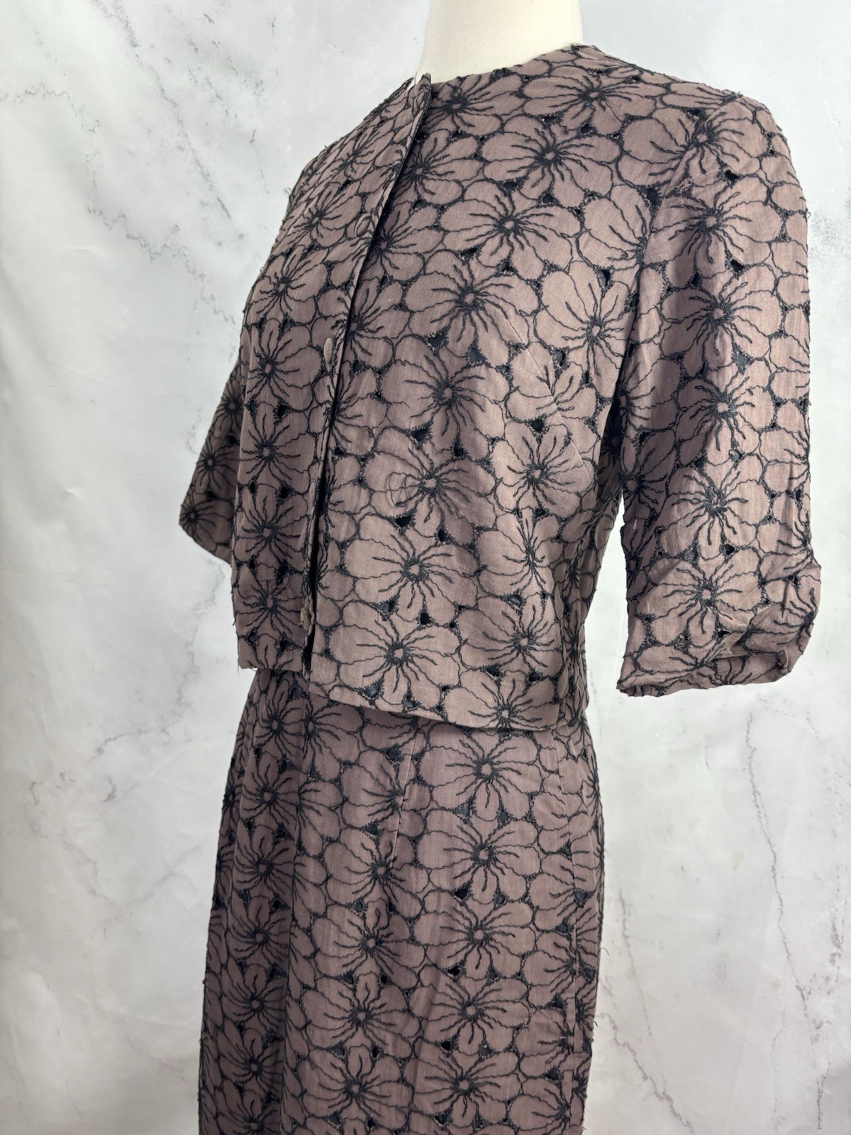 VTG 50s Union Label Floral Skirt Suit Set Brown Black MCM Wiggle Mad Max S 1950s