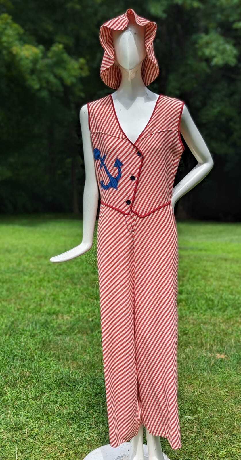 NAUTICAL THEME VINTAGE 1930’S CANDY CANE STRIPED BEACH PAJAMAS ROMPER W HAT
