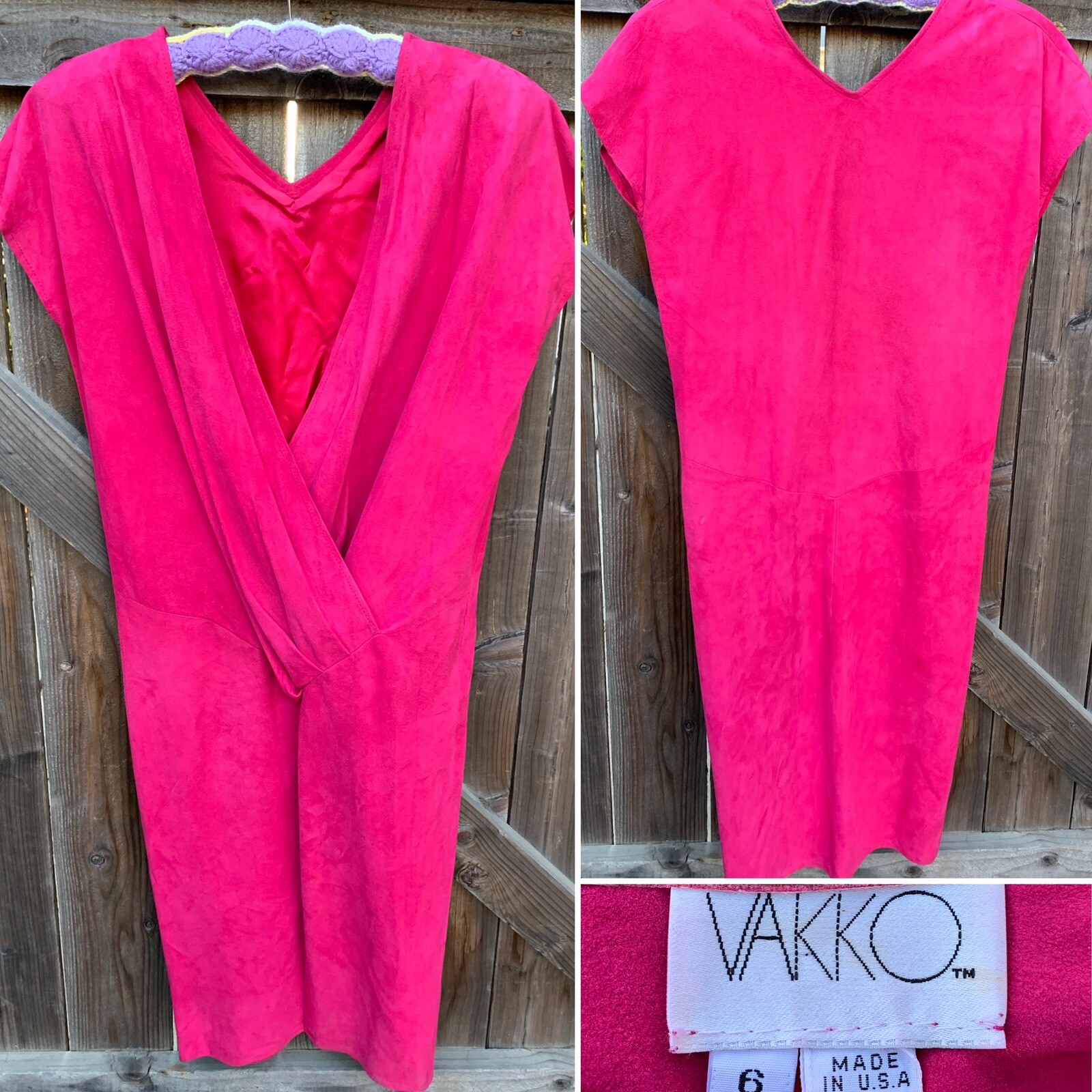 VAKKO Suede Dress Low Back Hot Pink Made In USA 1980s 80s Vintage Size 6
