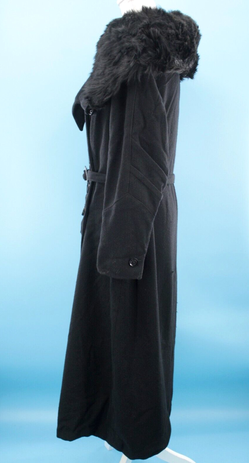 VTG Women’s 30s Black Wool Coat W/ Fur Collar & Belt & Scarf Detail Sz S/M 1930s