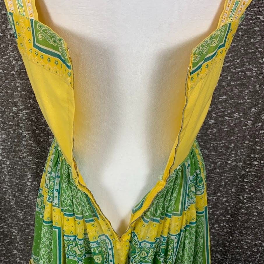 Vintage Handmade Patchwork Dress Ruffled Green/Yellow Boho Cottagecore Women’s