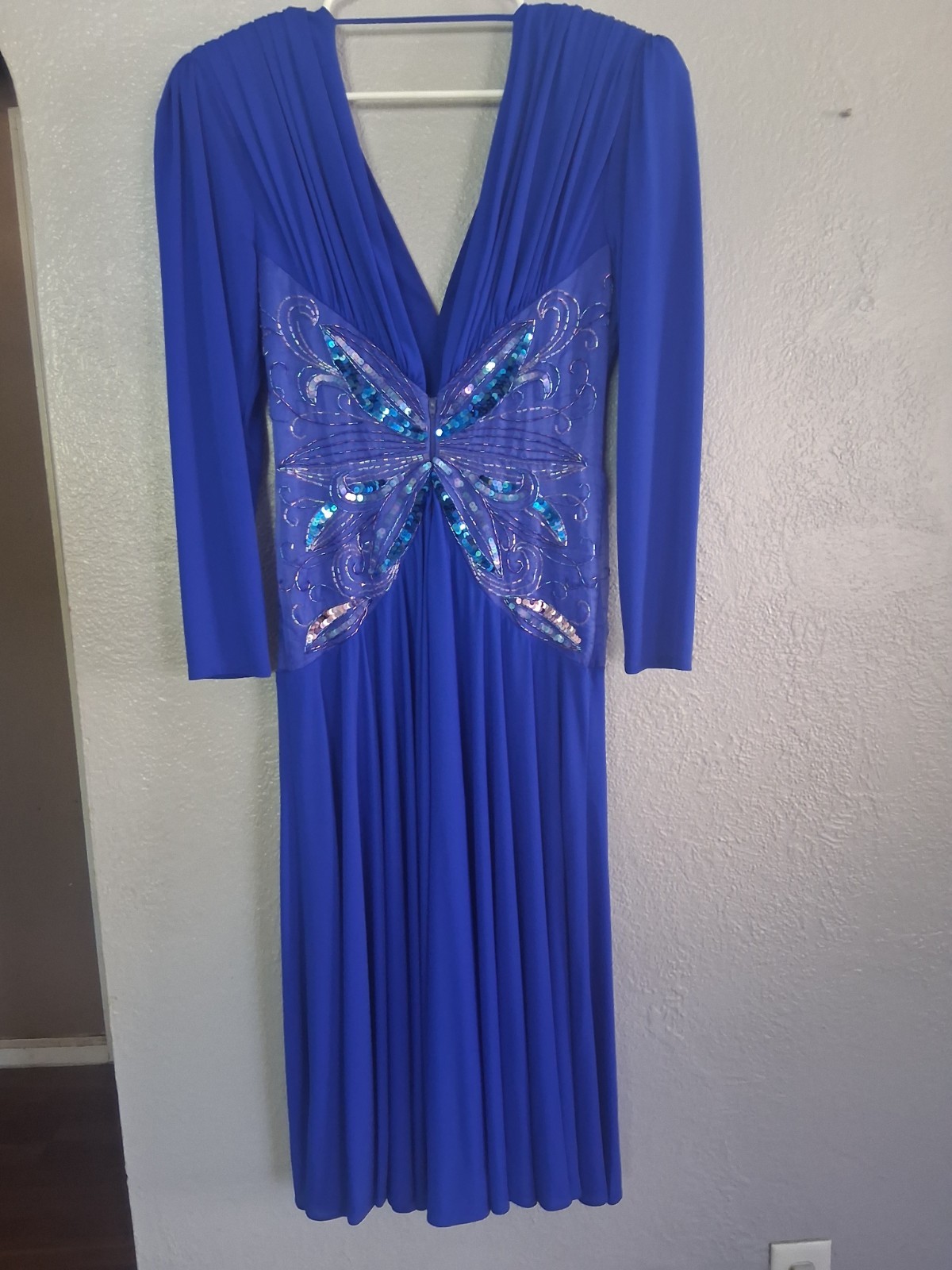 Casadei 1982 Blue Long Sleeve V Neck Beaded Waist Fit & Flair Midi Dress SZ 8