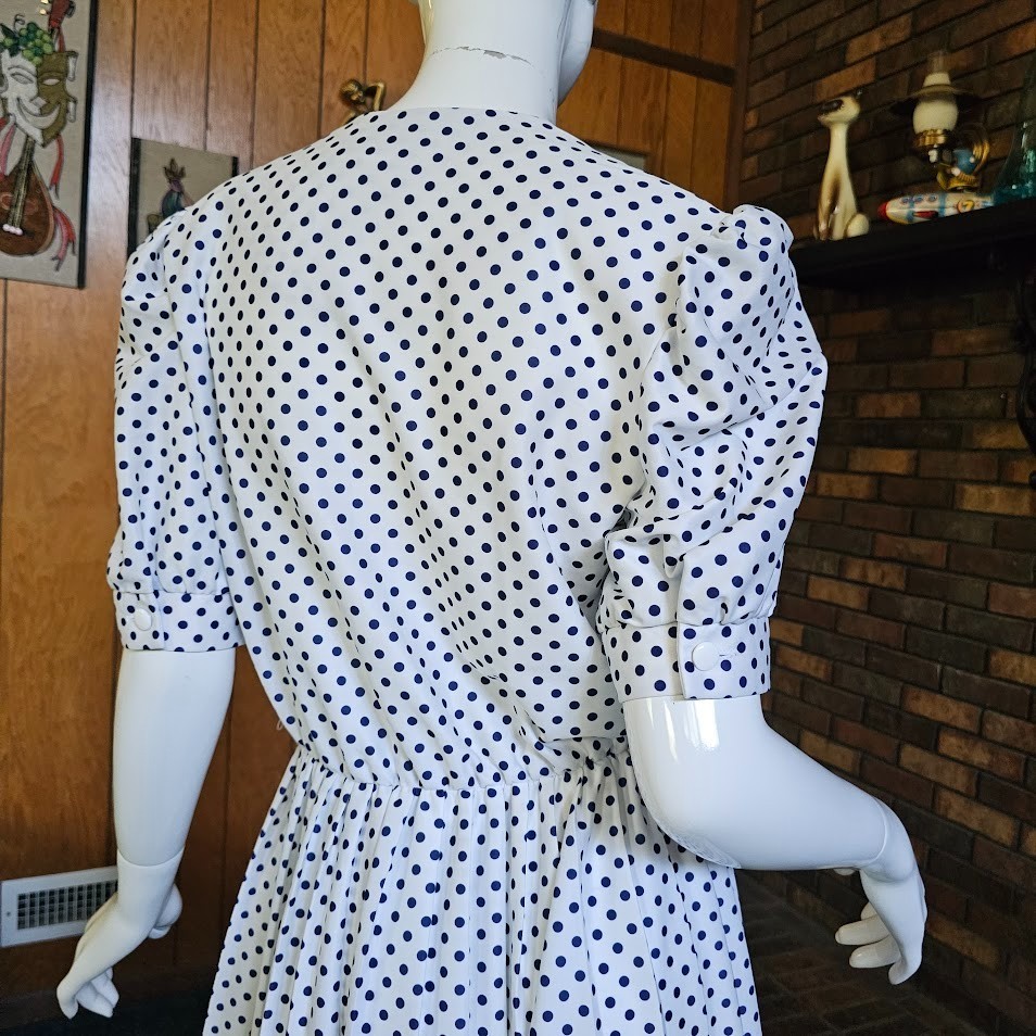 Vtg 80s Polka Dot Preppy Secretary Shirtwaist Blouson Modest Office Dress M/L