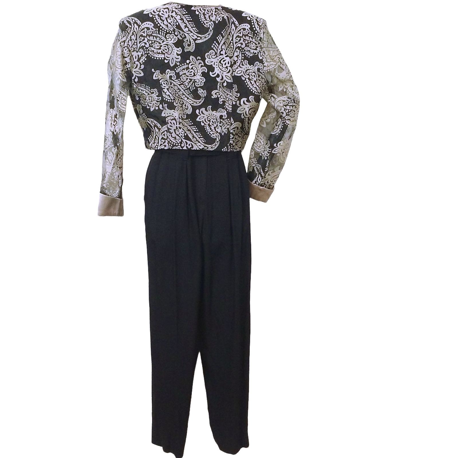 Vintage 90s 2-pc Set JumpSuit Jacket 6/8 Pockets Two-tone Scroll Champagne Black