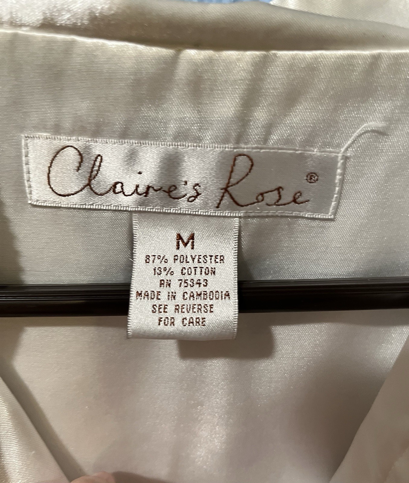 Vtg Claire’s Rose Poly Satin Maxi Long White Night Gown Robe Embroidery Sz Med