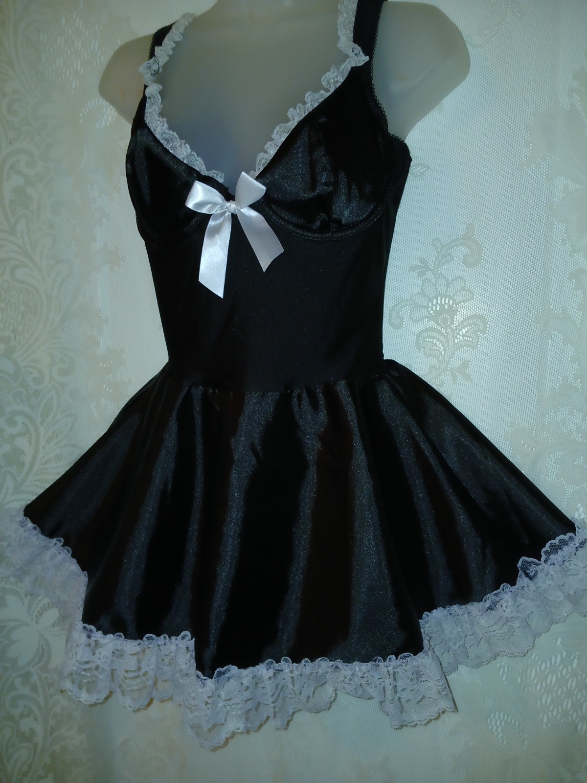 Vintage Fredericks Of Hollywood French Maid Black Satin Ruffle Lace Costume M