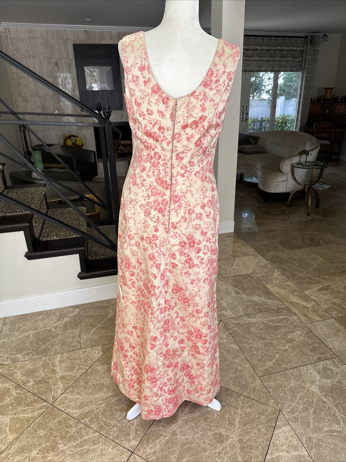 Vintage 60s Cream Satin & Pink Velvet Flocking Evening Gown With Jacket Size 6