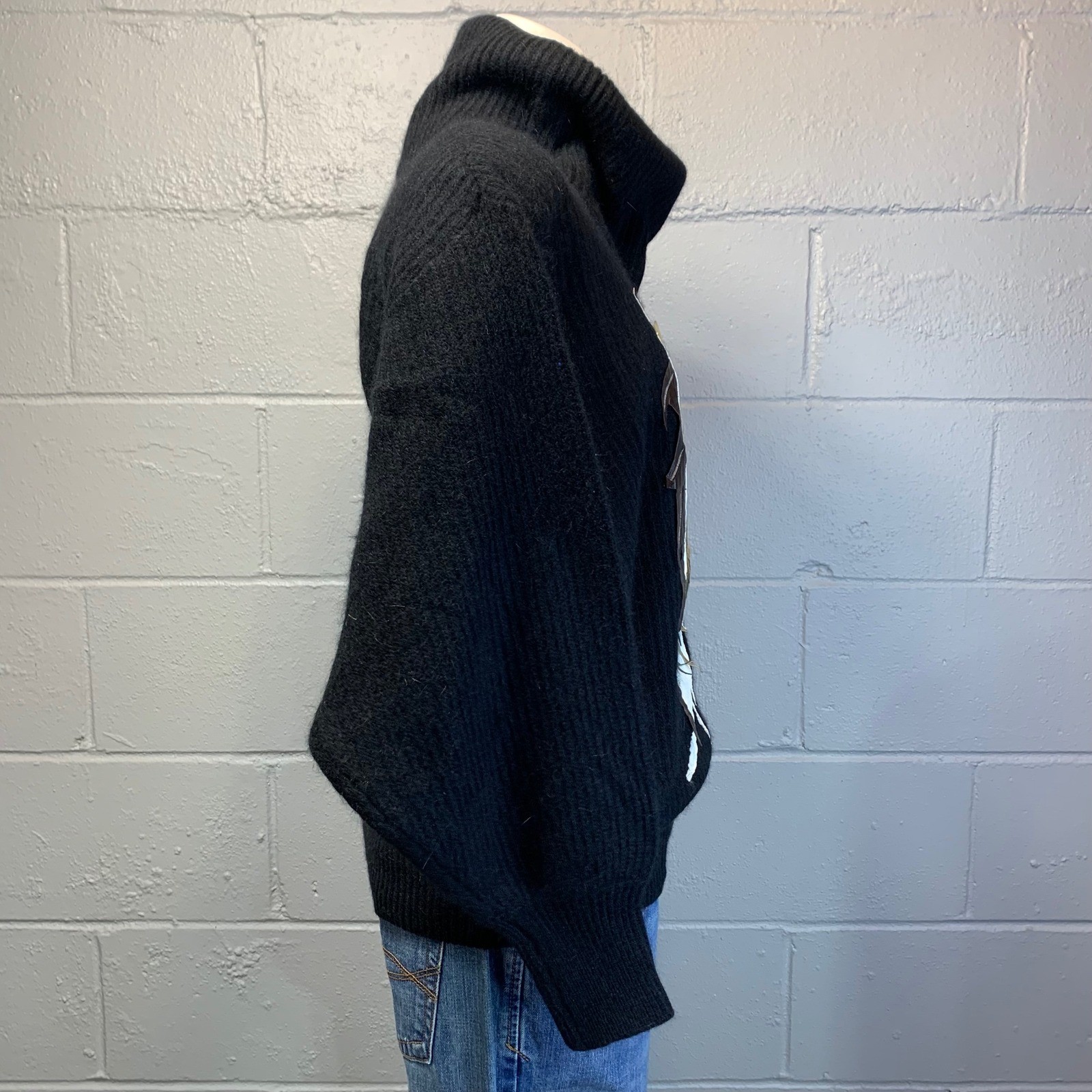 Vintage 80’s Lambswool Angora Batwing Black Sweater Leather Lion Appliqué Small