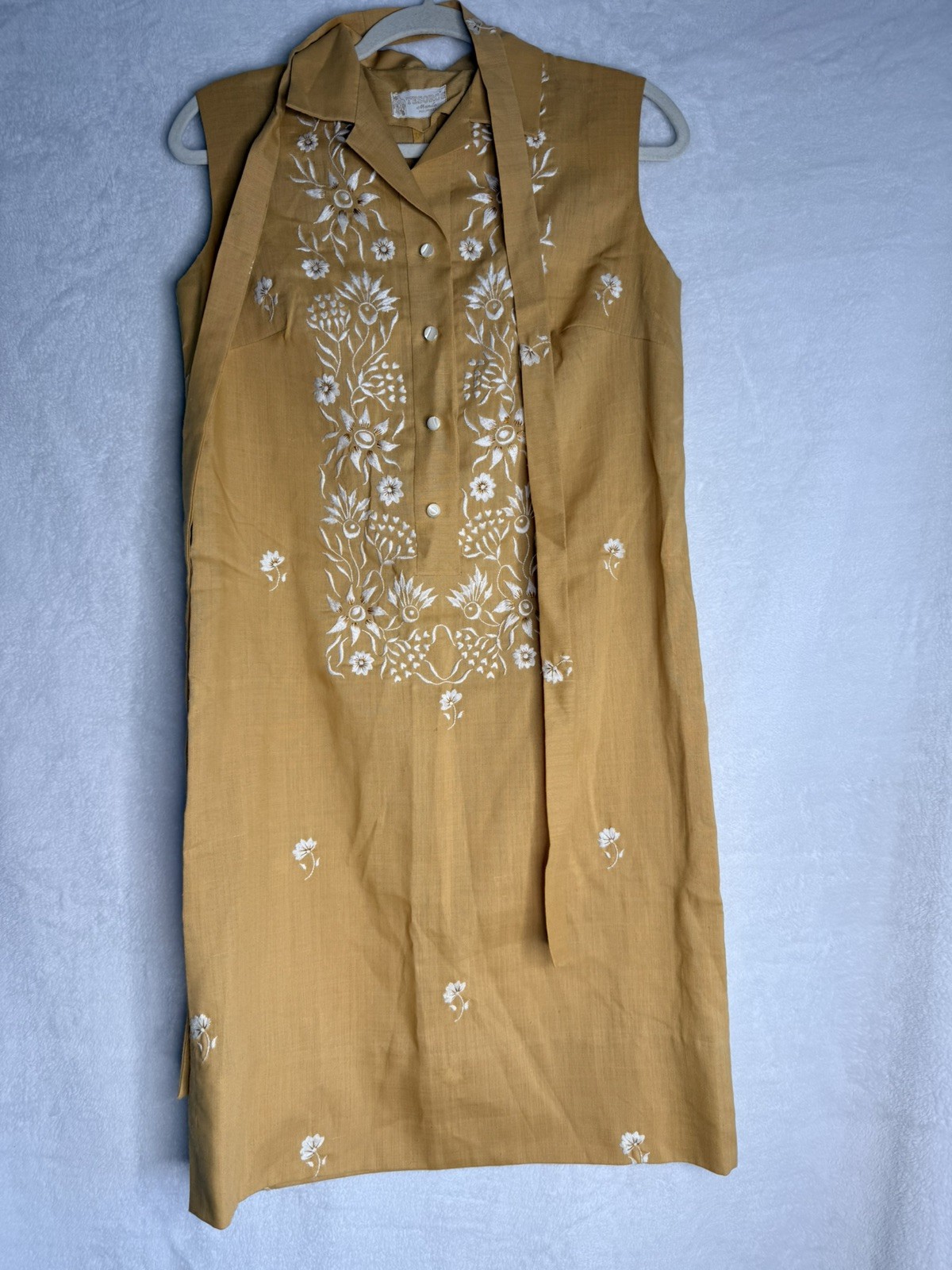 Vtg 60s Tesoros Manila Embroidered Sheath Dress Yellow Ramie Tetoron Blend M