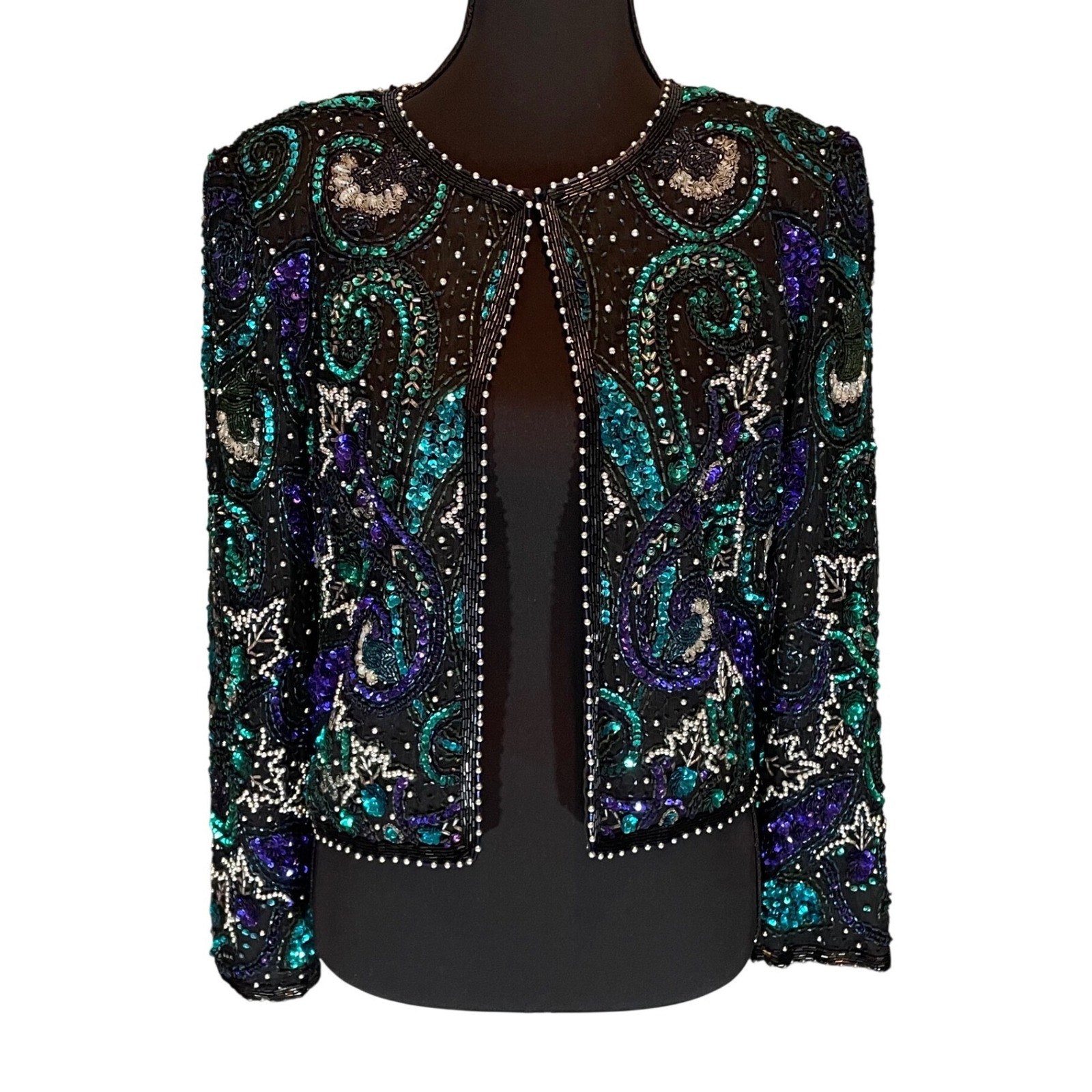 Laurence Kazar VTG Beaded Sequin Silk Paisley Jacket Teal Black PS 80s Glam