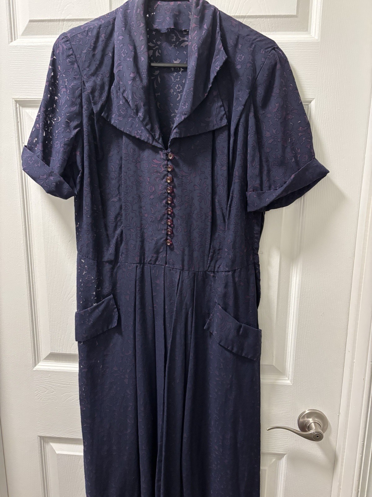 Vintage Dress Navy Blue Lace Short Sleeves With Belt And Front Pockets