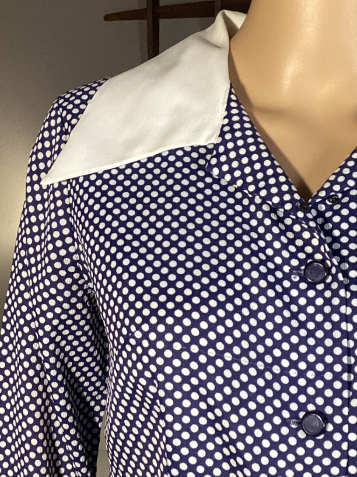 Vintage 70s Aldens Fashions Blue White Polka Dot Dagger Collar Fit & Flare Dress