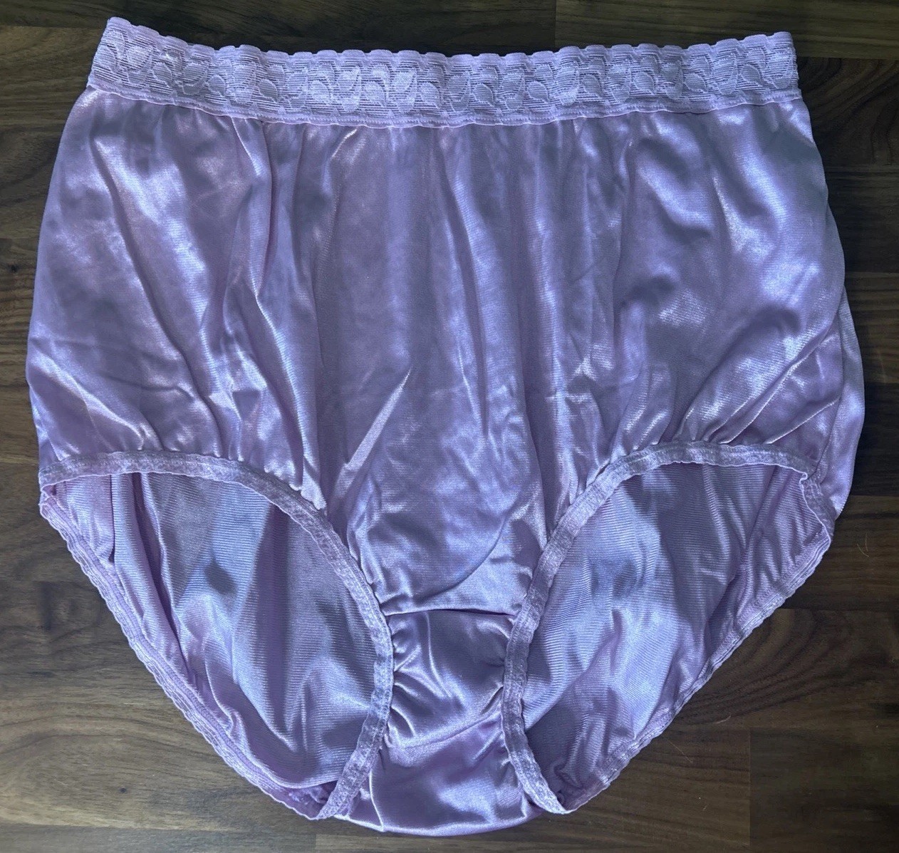 Vtg Pink K Kmart Hi cut panties shimmery nylon Lilac lace band Sz 10 Side Tag