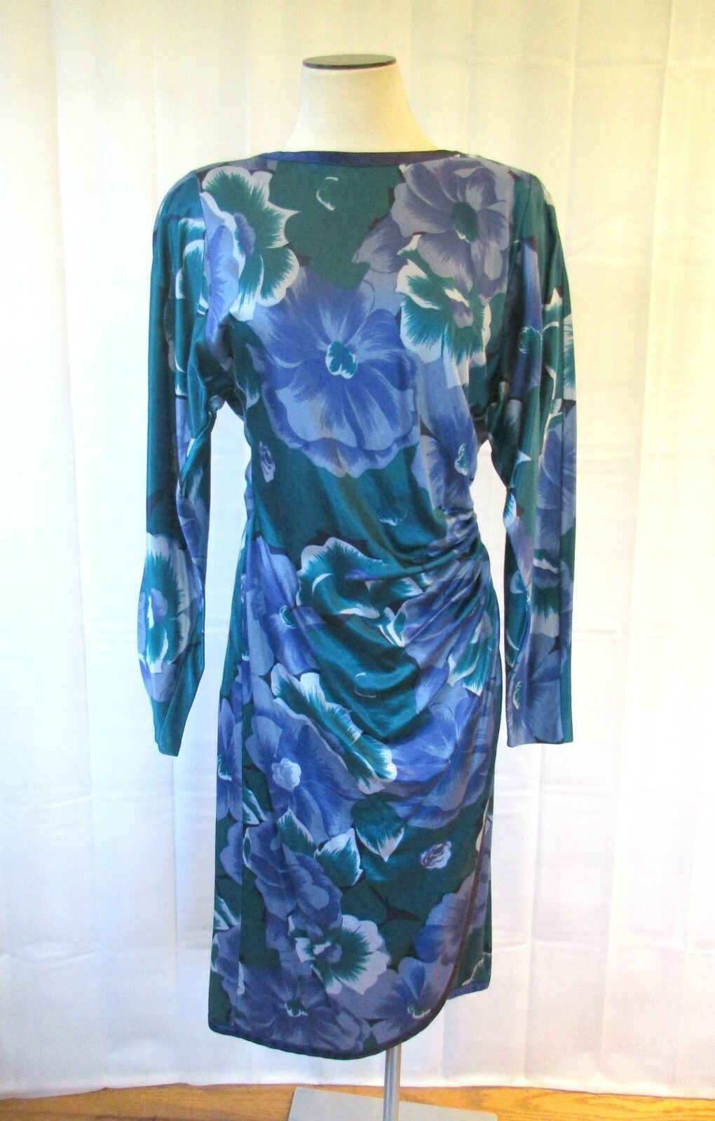 Vintage 1980s Dress Large Flowers Blue Green 34 36 M Made in Italy 8 Floral