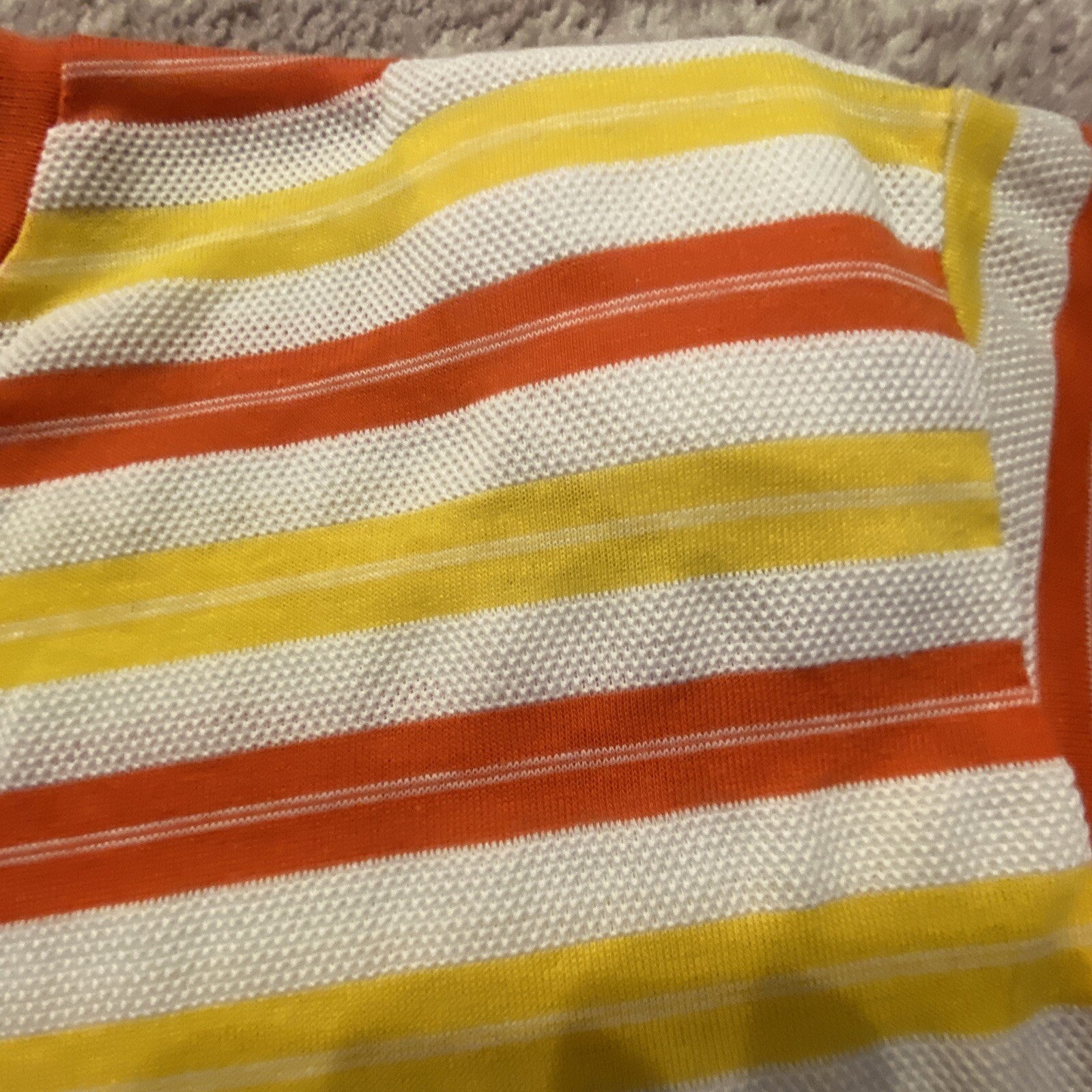 VTG Cristin Stevens Weave Netting Shirt Orange Yellow Shoulder Pads Stripe L EUC