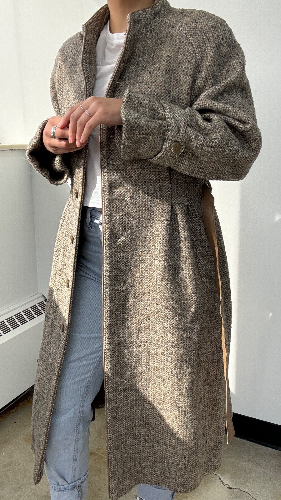 VTG 70s/80s Wool Blend Tweed Full Length Coat with Matching Scarf Set: Size M