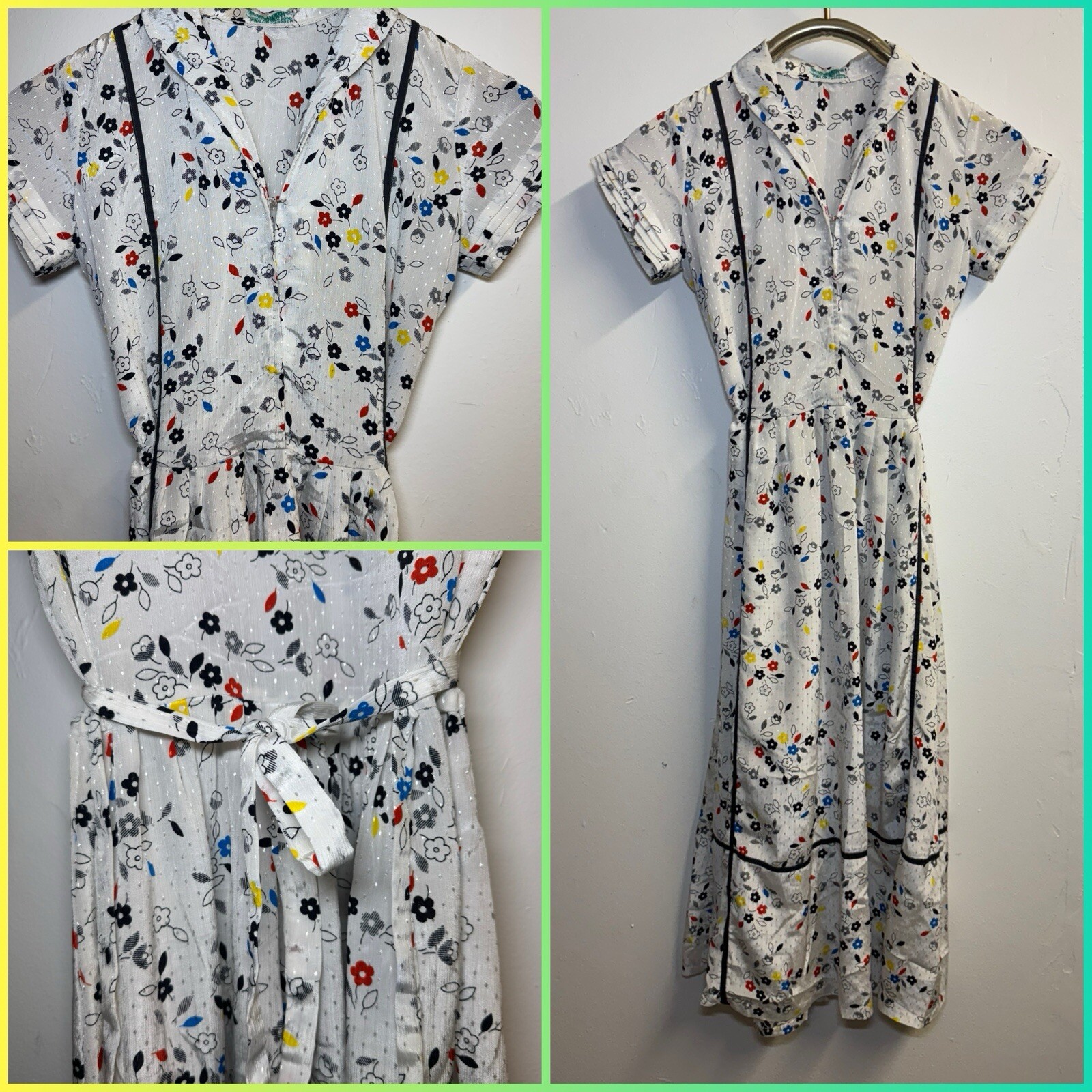 Vintage floral dress size small excellent condition white black, red yellow blue