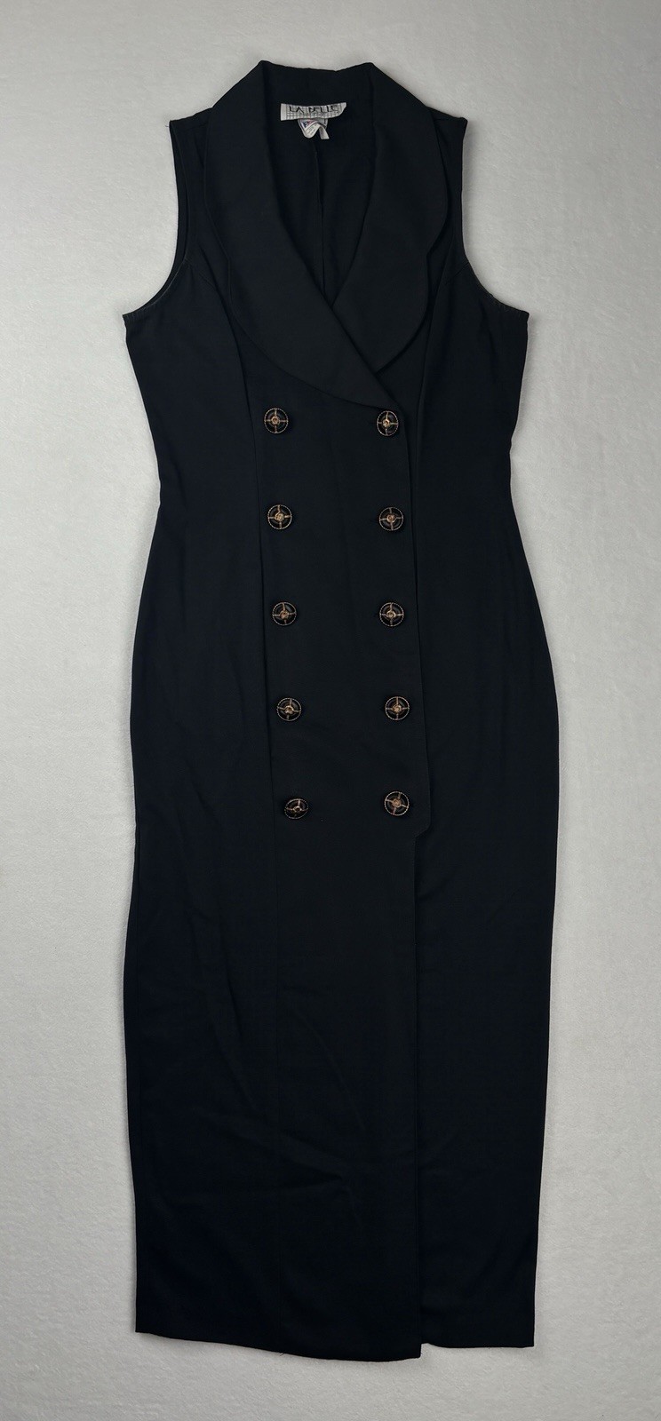 Vintage LaBelle Black Double Breasted Sleeveless Midi Dress Size 5 USA