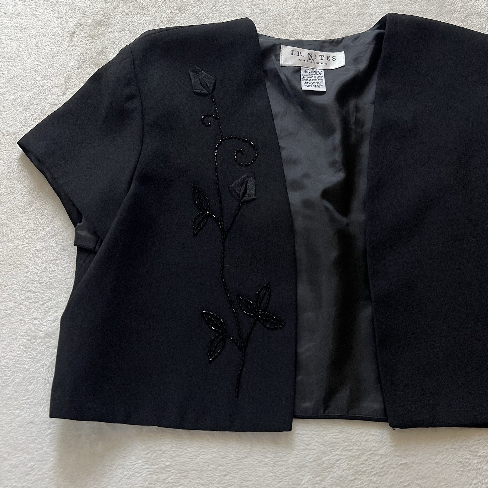 Women’s 90s Dark Fairy Black Floral Beaded Short Bolero J.R. Nites Size 12