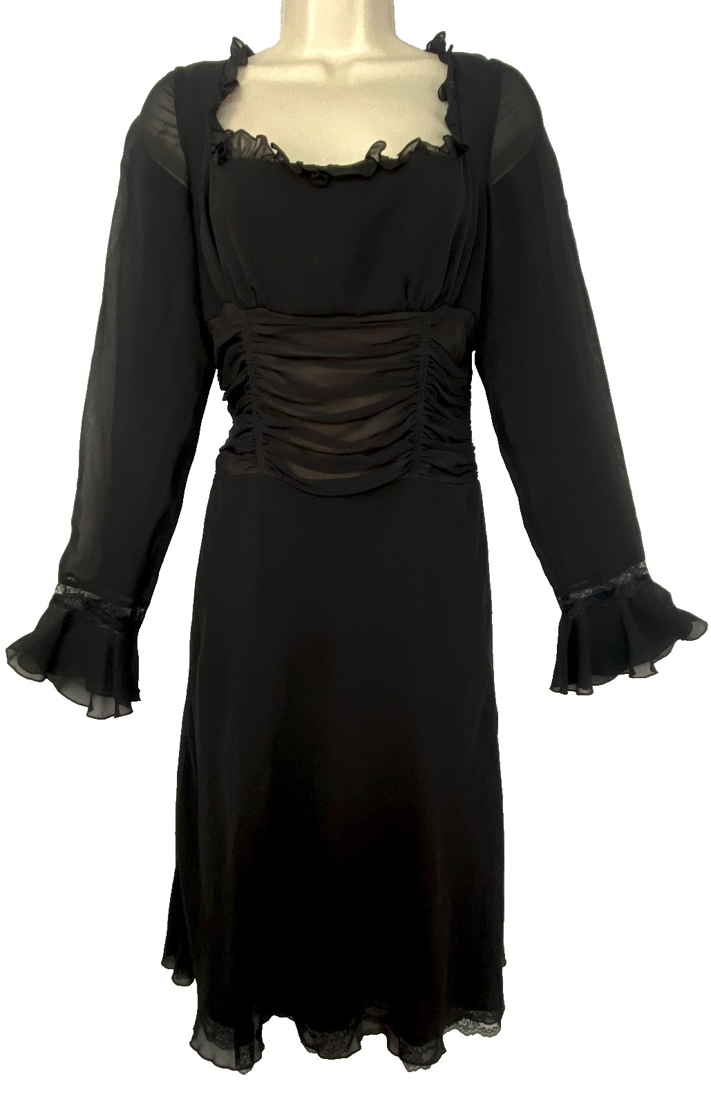 Vintage 1990s black MODA INTL silk dress 8 long flounce sleeve sheer midi ruffle