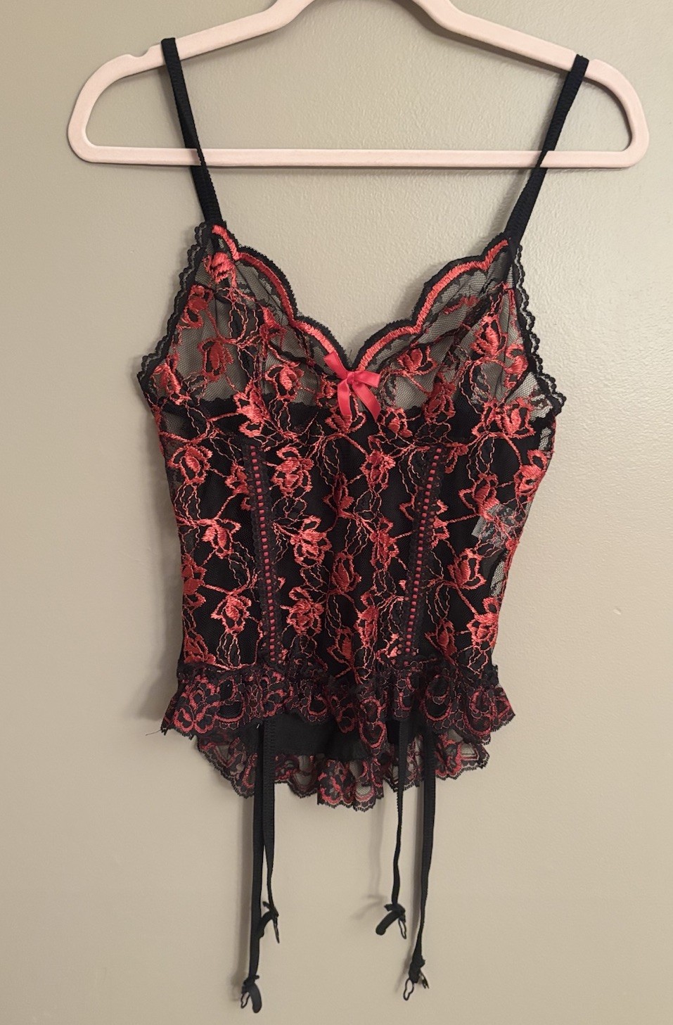 VTG NAN FLOWER Camisole Basque Red Black Lace Garters Lingerie sz Medium 1980s