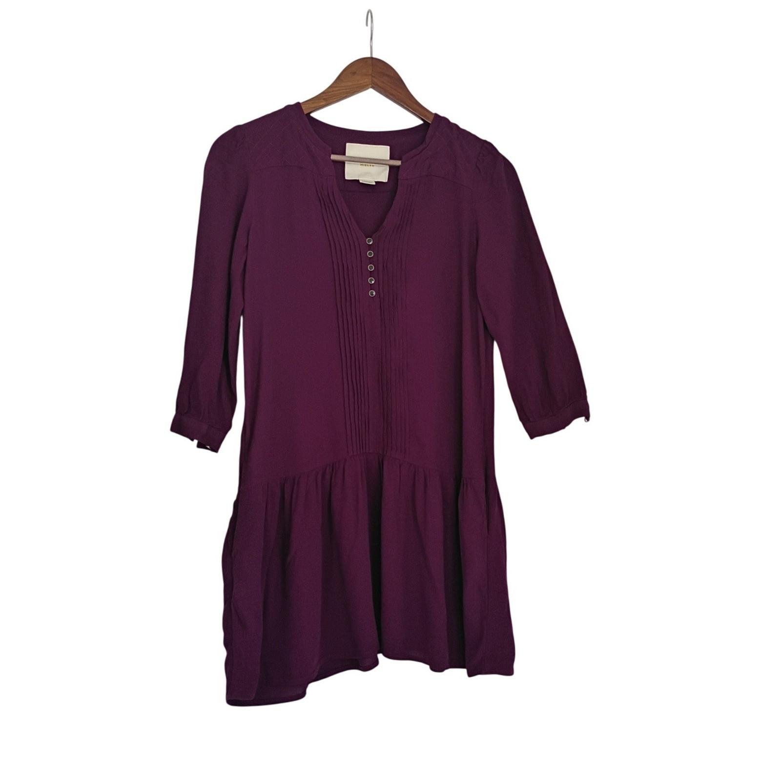 Maeve Anthropologie Coquette Pintuck Mini Dress Magenta Purple V-Neck XS Chic