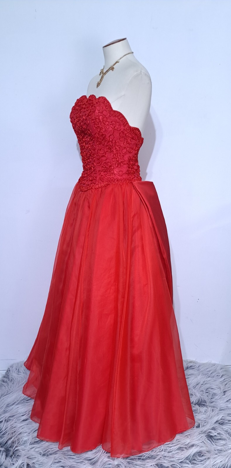 Vintage Red Strapless Party Dress Gown Huge Skirt Rosettes Draped Sz S Soutache