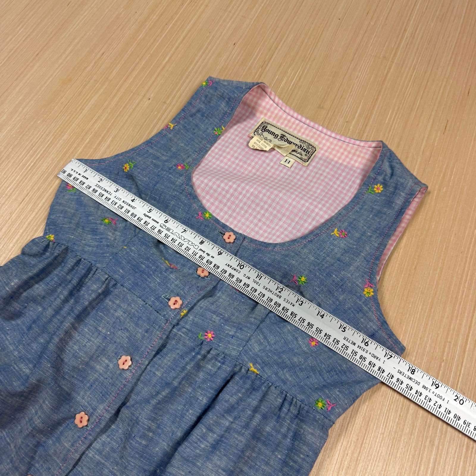 Vintage 70s Young Edwardian Dress size 11 Floral Farm Girl Cottage Core Chambray