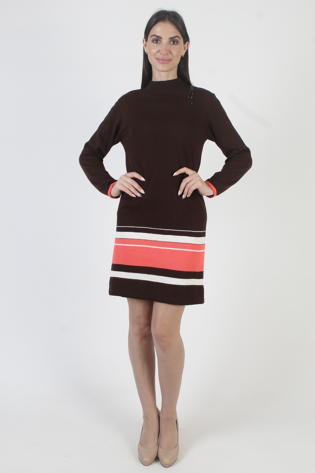 Vintage 60s Striped Sweater Dress Brown Acrylic Mid Century Mod Tennis Mini