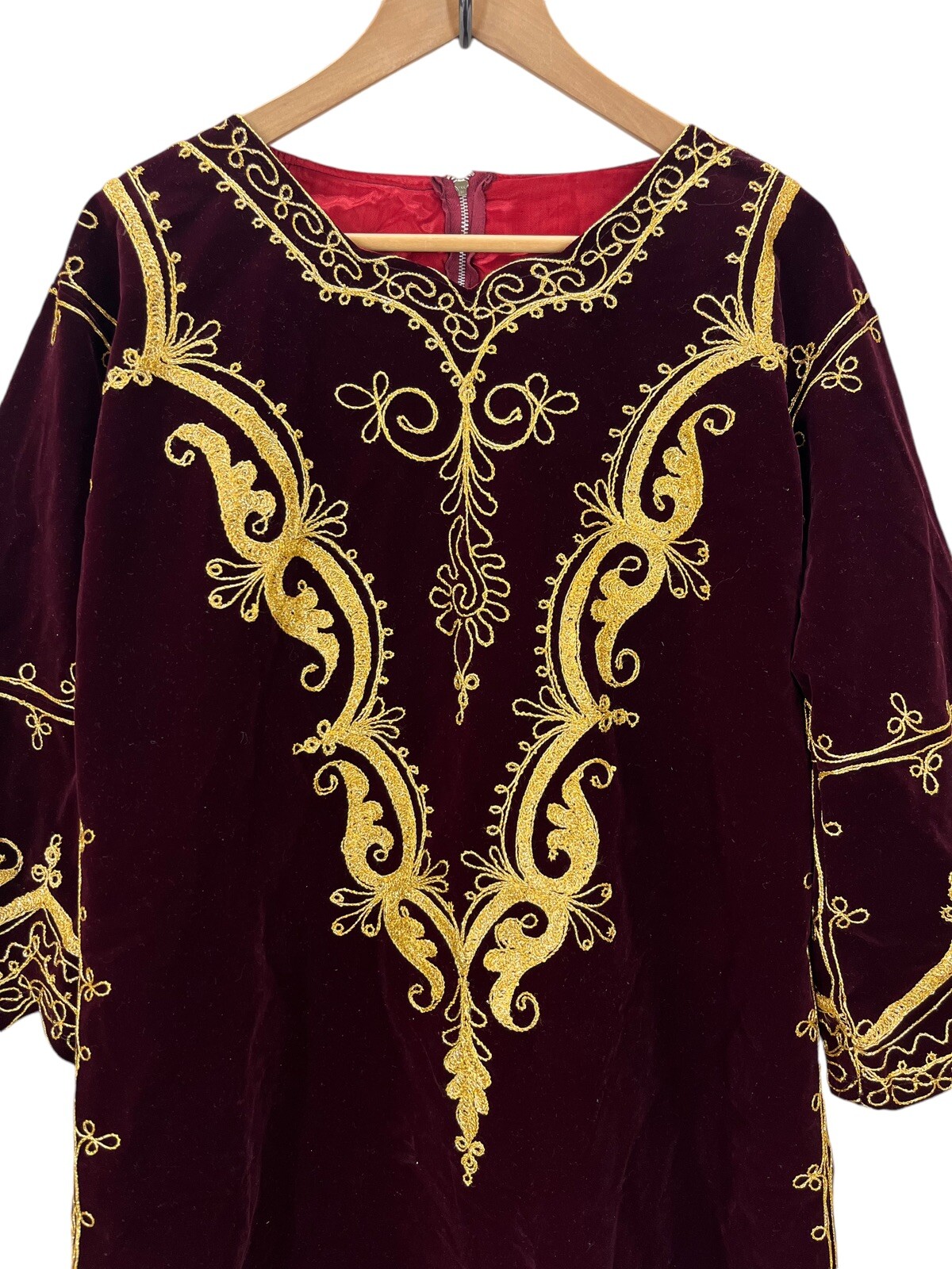 Vintage Burgundy Velvet Gold Embroidered Caftan Boho Dress Bell Sleeve