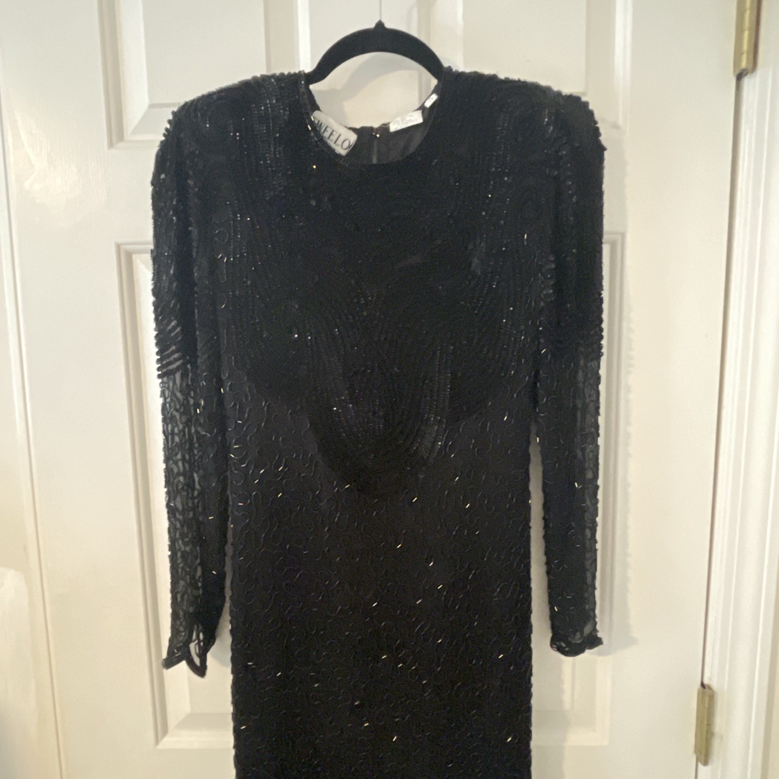 Vtg SWEELO Black 100% Silk Sequin Beaded Slim Fit Long Evening Party Dress Sz S