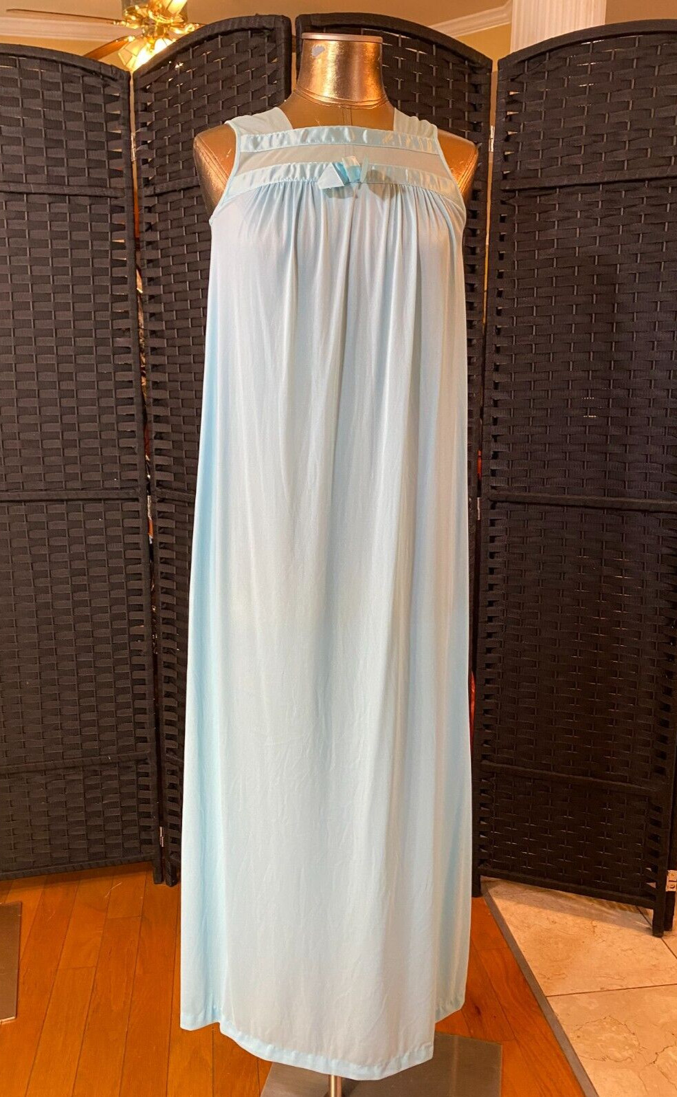 Vintage HENSON KICKERNICK Blue Gown SHEER Long SMALL Nylon Nightgown RIBBON LACE