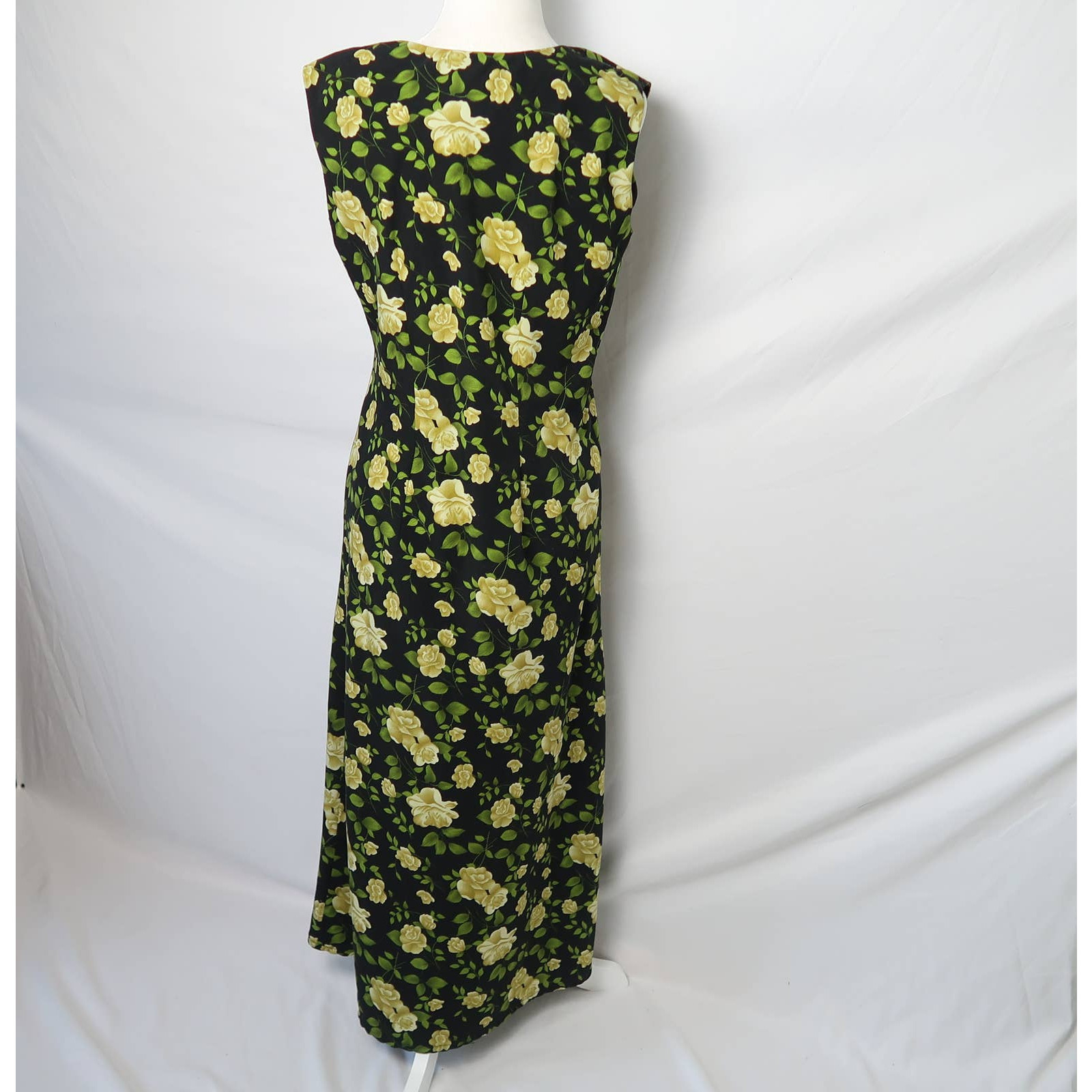 Vintage 90 black and yellow rose floral maxi dress M